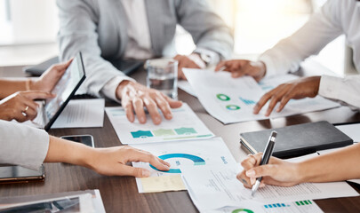 Aufkleber - Business teamwork hands, paperwork and planning annual report data, research and budget in office. Company discussion with documents in strategy meeting, graphs analytics and financial stats progress