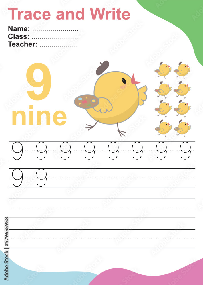 Vector de Stock Number nine tracing practice worksheet with 9 chicks ...