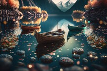 Hyper-detailed Lake With Floating Boats & Shimmering Particles: Unreal Engine 5 Delivers Insane Depth Of Field & Beautifully Color-coded Details! , Generative Ai