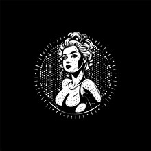 Pin-up Girl Dotwork Tattoo With Dots Shading, Depth Illusion, Tippling Tattoo. Hand Drawing White Emblem On Black Background For Body Art, Varga Girl Sketch Monochrome Logo. Vector Illustration