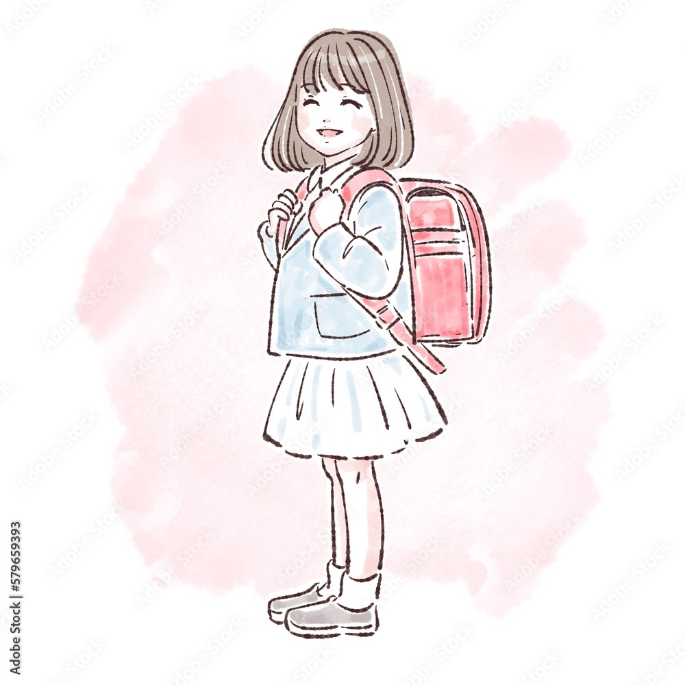 登校 学生 女子 女性,女の子,イラスト,かわいい,ランドセル,人物,小学生,女子,全身,子供,春,手描き,笑顔,若い,入学,水彩,ピンク,学校,手書き,通学,登校 ,日本人,白バック,学生,スカート,ベクター,新学期,桜,ファッション,楽しい,入学式,新入生,四月,ピカピカの一年生,新一年生,ご入学 ...