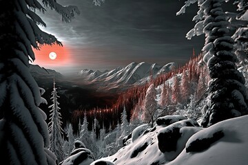 Poster - Vibrant sunset in orange light over trees and snowy mountain ranges in winter season. Generative AI