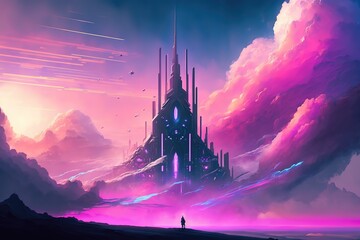 Poster - The mysterious old castle stands on a hill in the rays of a purple glow. Generative AI