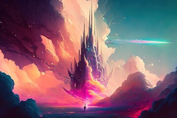 Aufkleber - The mysterious old castle stands on a hill in the rays of a purple glow. Generative AI