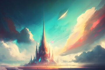 Poster - The mysterious old castle stands on a hill in the rays of the sun, air clouds in the blue sky. Generative AI