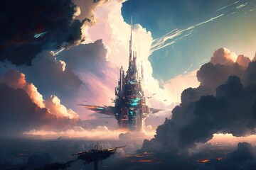 Poster - The mysterious old castle stands in the air clouds in the blue sky. Generative AI