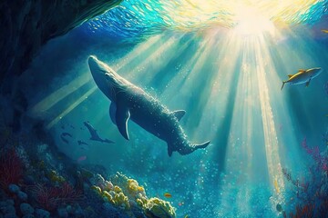 Poster - A large whale in seawater clubbed, the rays of the sun make their way through the water column. Generative AI