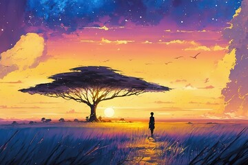 Poster - An endless field with grass, a large tree in the sunset. Generative AI