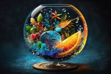 Aufkleber - Cocktail with orange slice and pieces of ice, green plants at the bottom of the glass. Generative AI