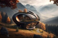 Unusual House On A Mountainside, Mountain Landscape With Bushes And Trees. Generative AI