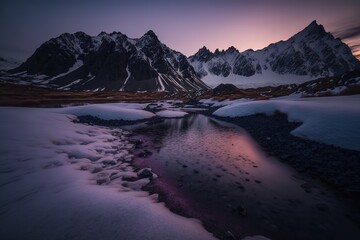 Poster - Snowy mountain ranges, mountain lake with blocks of ice under the evening sky. Generative AI