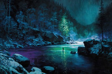 Poster - Mountain river surrounded by bushes and green dark forest at night. Generative AI