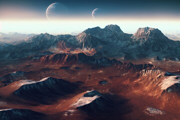 Poster - The orange surface of a mountain valley and sharp mountain ranges on the horizon. Generative AI