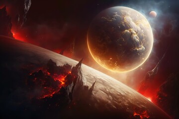 Poster - Orange surface of a fiery planet in outer space. Generative AI