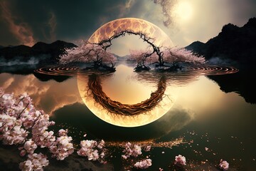 Poster - Sunset with mysterious radiance over a pond, mountain ranges on the horizon. Generative AI