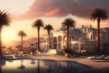 Poster - The beautiful, white house is surrounded by large palm trees and a pool of clear water under blue skies. Generative AI