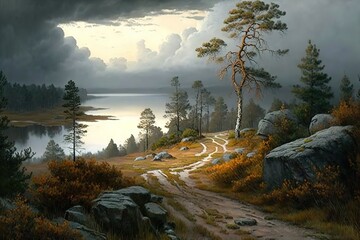 Poster - Landscape with a sandy road, stones and a lake among the forest. Generative AI