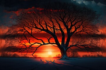 Poster - Big tree and sunset over the lakes in red. Generative AI