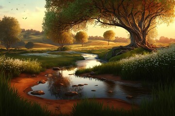 Poster - Spring landscape with green trees, grass and stream. Generative AI