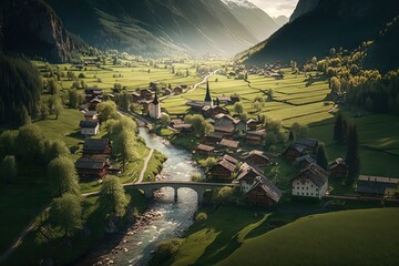 Poster - Mountain landscape with green meadows and village houses. Generative AI
