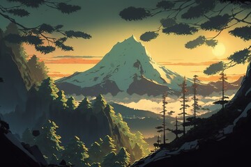 Poster - Landscape of mountains with snowy peaks, rocks, green forest and blue evening sky. Generative AI