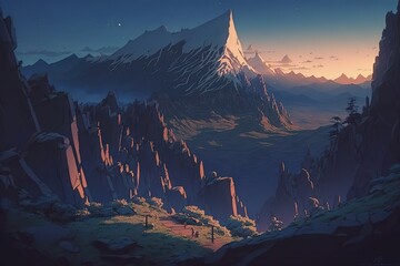 Poster - Landscape of mountains with snowy peaks, rocks and blue evening sky. Generative AI