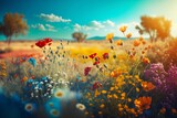 Fototapeta Sawanna - Beautiful, sunny spring summer meadow. Natural colorful panoramic landscape with many wild flowers and blue sky. Generative AI.