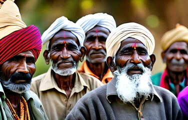 Wall Mural - Portrait of senior Hindu elder from a tribe. Indian warrior, tribal. Elderly old man. Looking to the camera. generative AI.