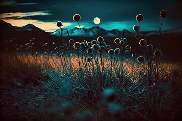 Poster - Night landscape in the mountains and a meadow with dry grass and flowers under the light of a big moon. Generative AI