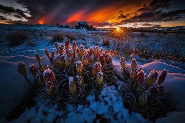 Poster - Landscape in the winter season, small snowdrop flowers in the rays of the setting sun. Generative AI