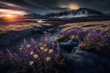 Poster - Landscape in the winter season in the mountains, small flowers in a clearing among the boulders in the rays of the evening sun. Generative AI