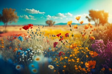 Beautiful, sunny spring summer meadow. Natural colorful panoramic landscape with many wild flowers and blue sky. Generative AI.