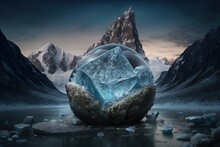 An Ice Ball On A Pond Among The Snowy Mountains. Generative AI