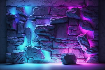Poster - Marble stone wall with neon light, blue and purple gradient. Generative AI
