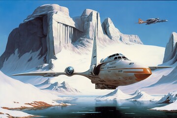 Poster - Military aircraft flying among the snowy mountains above the surface of the water. Generative AI