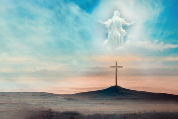 Wall Mural - Jesus Christ in clouds of heaven over cross - ascension Christ return. Second coming of Christ. Shining cross on Calvary hill, sunrise, sunset sky background. Ascension day concept. Christian Easter