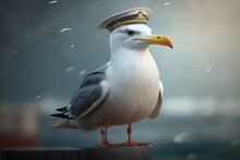 A Seagull In A Ship's Captain's Cap Stands In The Rain And Wind. Generative AI