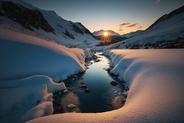 Poster - Mountain stream among snowdrifts under clear sunlight. Generative AI