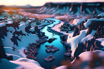 Poster - Mountain stream among snowdrifts under clear sunlight. Generative AI