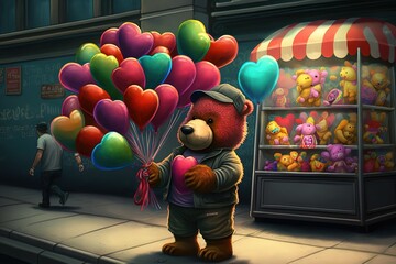 Poster - A cute teddy bear stands outside a store in a city with big balloons. Generative AI