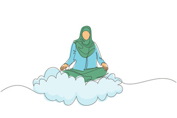 Poster - Single continuous line drawing office worker or businesswoman relaxes, meditates in lotus position on clouds. Arabian woman relaxing with yoga or meditation pose. One line draw graphic design vector