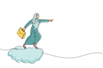 Wall Mural - Single continuous line drawing Arabic woman sitting on cloud reading book. Businesswoman. Teacher. Marketer. Director. Chief. Financier. Higher education. Career growth. One line graphic design vector