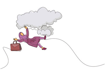 Poster - Single continuous line drawing Arab businesswoman falling from sky. Failure and defeat. Employee dismissal, bankruptcy. Financial crisis. Person loses business and job. One line graphic design vector