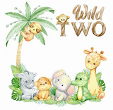 Fototapeta Dziecięca - sloth, giraffe, elephant, leopard, alligator, zebra, tex, wild two. Watercolor clipart, in cartoon style, on an isolated background.