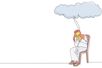 Poster - Single continuous line drawing Arabian businessman feeling sad, depression sitting under rain and cloud. Unhappy depressed loneliness sad worker in stress with problem. One line graphic design vector