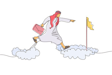 Poster - Continuous one line drawing fearless brave Arabic businessman make risk by jump over clouds to reach his success target or flag. Challenge of his career. Single line design vector graphic illustration