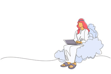 Poster - Single continuous line drawing Arab businessman sitting on cloud in sky, working with laptop. Wireless connection. Social networking, chatting using cloud storage. One line draw graphic design vector