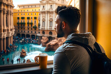 Man Traveler Drinking Morning Coffee Overlooking The City View Trevi Fountain, Rome, Italy From An Open Hotel Window. Generative AI