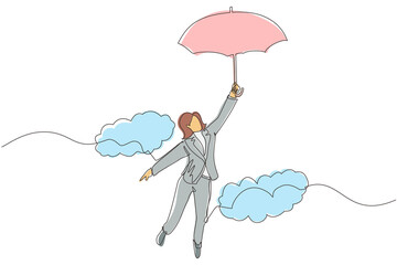 Wall Mural - Continuous one line drawing happy wealthy businesswoman flying with her umbrella holding briefcase. Office worker achieve financial independence. Single line draw design vector graphic illustration