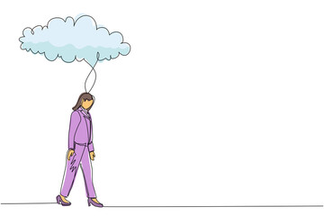 Poster - Single continuous line drawing unhappy depressed sad businesswoman in stress walking under rain cloud. Alone loser female depression. Loneliness in overcast weather. One line graphic design vector